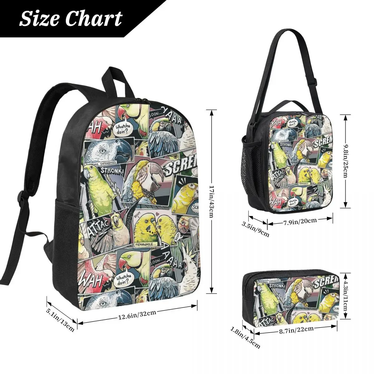 Parrots Comic Style Backpack Student Boys Girls BookBag School Bag Laptop Shoulder Bags 3ps Insulated Lunch Bag Pencil Case