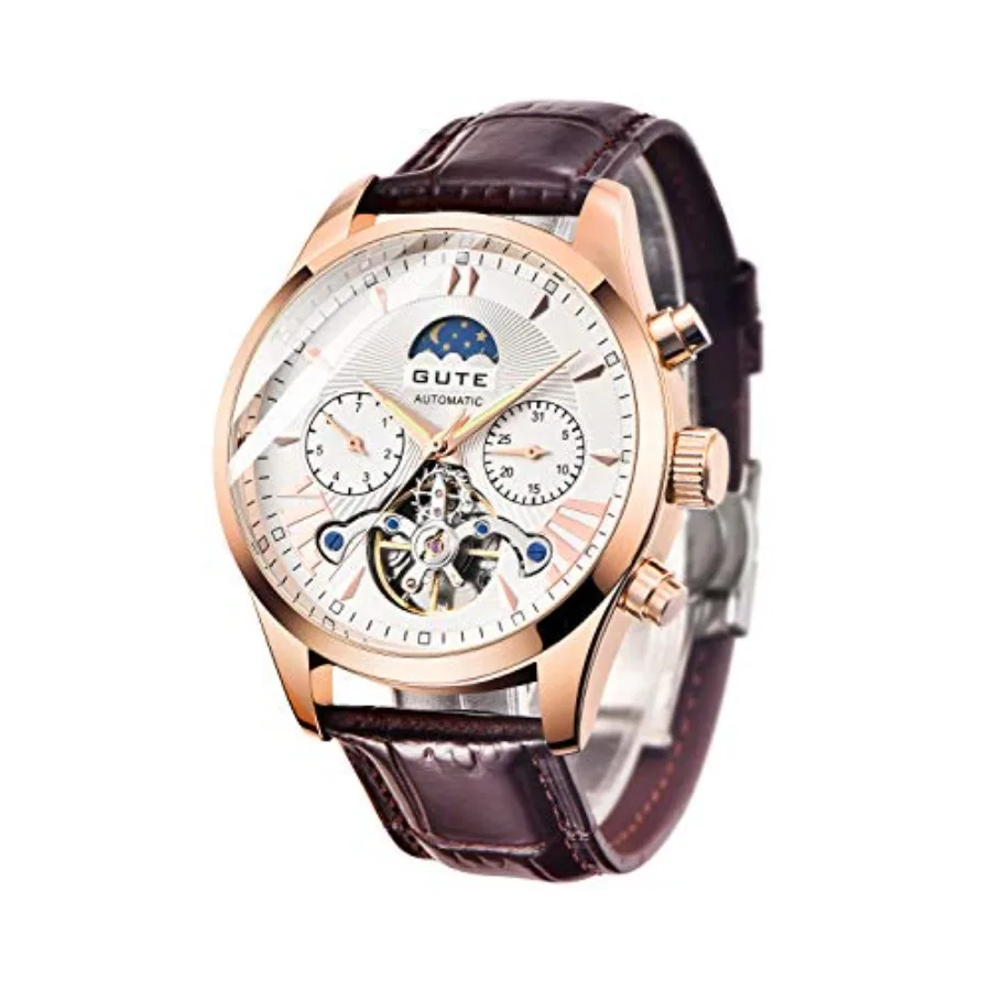 

IK COLOURING Men's Leather Watch Luxury Automatic Mechanical Moon Phrase Skeleton Luminous Waterproof Hands Automatic Self-Wind