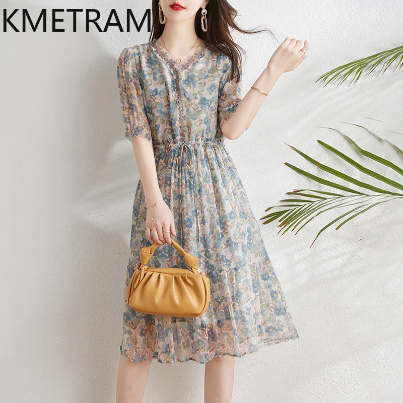 KMETRAM Mulberry Silk French Tea Break Dresses New in 2024 High-end  Floral Dress for Women Summer Waist Small A-line Skirt