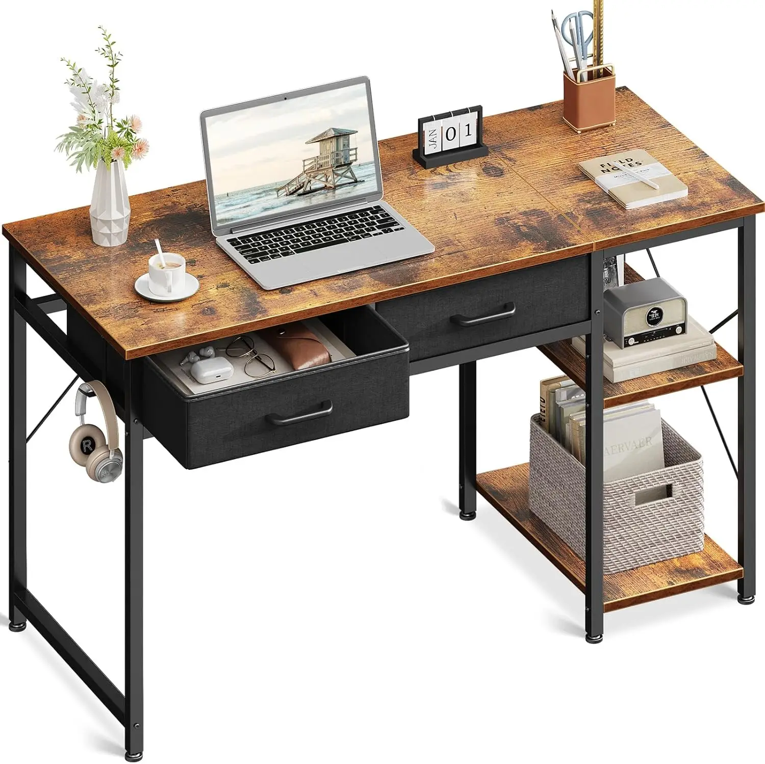 

40 Inch Reversible Computer Desk with Drawers and Storage Shelves, Rustic Brown Laptop Vanity Table for Small Spaces