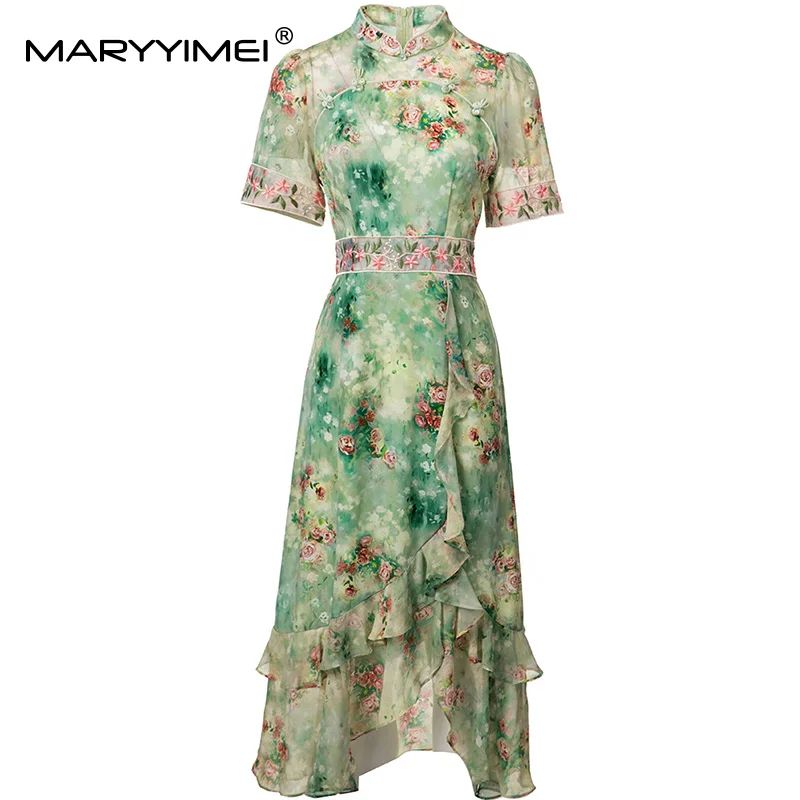 

MARYYIMEI Chinese Style Women's Elegant Dress Stand collar Short Sleeve Embroidery Design Ruffles Slim Summer S-3XL Dresses