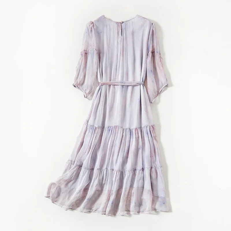 100% Real Silk Summer Dresses for Women 2026 Elegant Fashion V-neck Three Quarter Sleeve Vintage Print Woman Holiday Long Dress