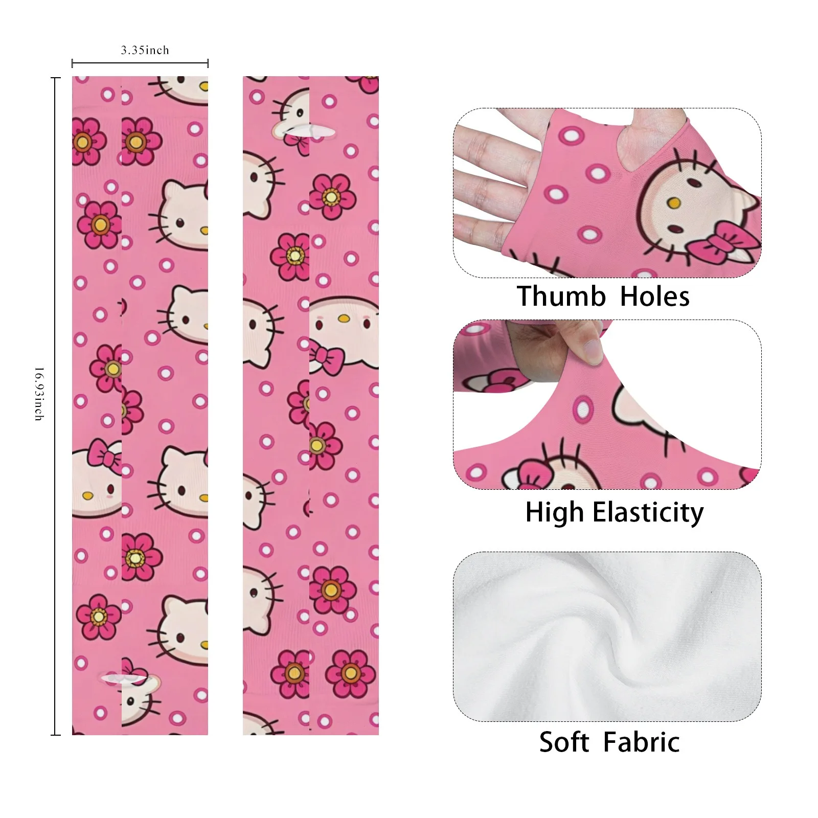 Novedosas mangas de brazo con estampado de dibujos animados de Hello Kitty, protección UV transpirable de seda de hielo rosa claro para la moda diaria y al aire libre