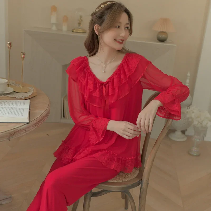 Vintage court style Pajamas lace Sleepwear women's suit long sleeve sweet sexy princess Homewear Set  Nightgowns