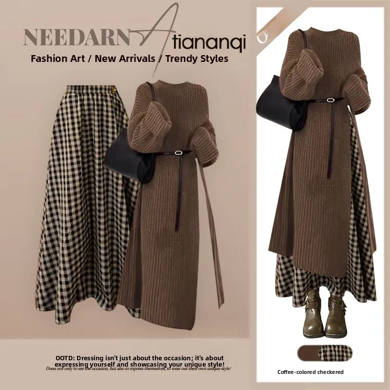 

Fashionable Autumn Winter Women's Knitted Sweater And High Waist Plaid Skirt Two-Piece Set Retro Style Slimming Effect