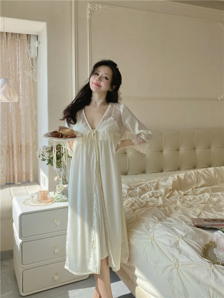 Nightgown Sleepwear Sexy Patchwork Lace Nightdress Bathrobe Gown Women Wedding Nighty&Robe Set Summer Satin Home Wear LoungeWear