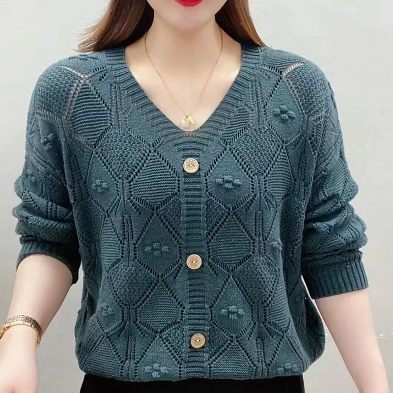 Fashion V-Neck Button Solid Color Hollow Out Sweaters Women's Clothing 2024 Autumn New Loose Casual Pullovers Commuter Tops