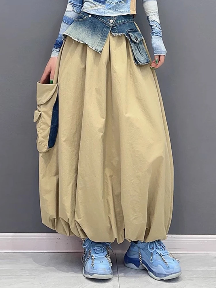 [EAM] High Elastic Waist Apricot Denim Color-block A-line Half-body Skirt Women Fashion Tide New Spring Autumn 2024 1DH5571