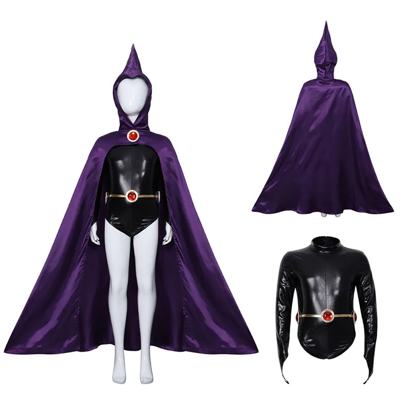 

New Anime Raven Cosplay Costumes Teenage Titan Witches Jumpsuit Cape Belt Set Children's Black Bodysuit Carnival Party Uniform