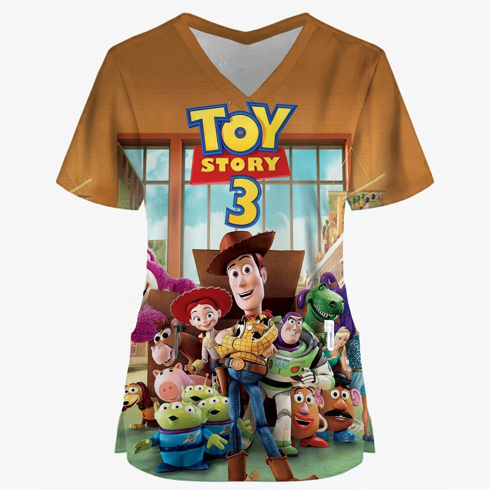 Women Working Uniform Smile Disney Toy Story print Cartoon Short Sleeve V-neck Tops Femme Blouse Nurse work wear Medical Uniform