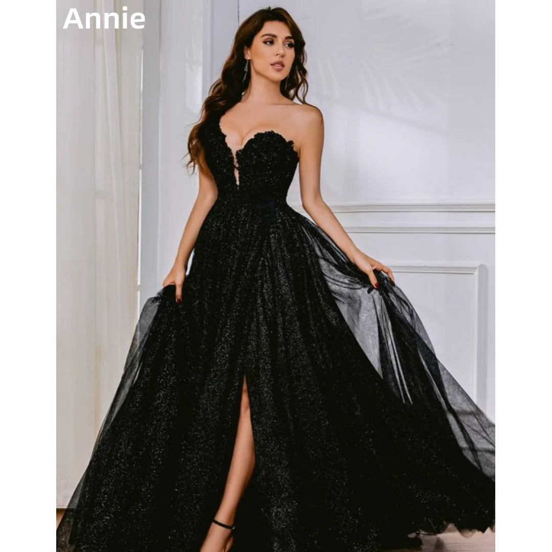 Annie Black Wedding Dress Lace Embroidered Glitter Tulle Prom Dresses Sexy One Shoulder Side Slit princess Vestidos De Fiesta