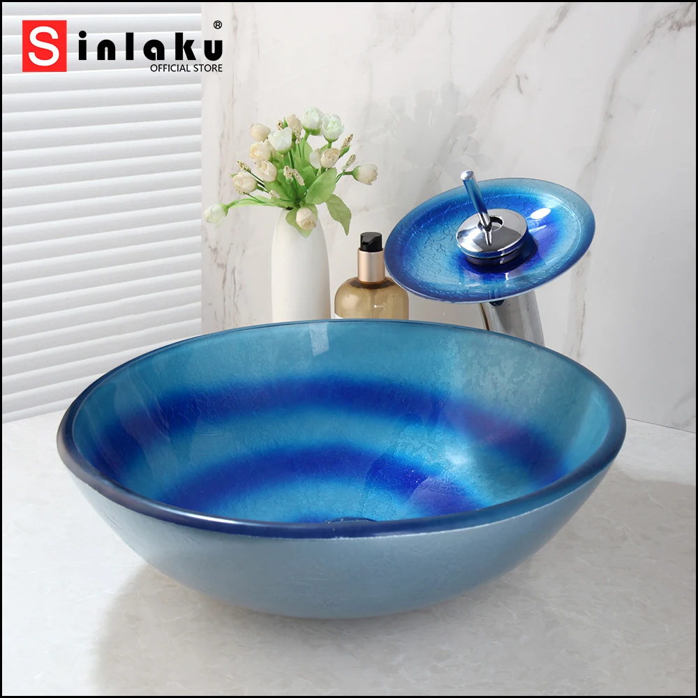 

SINLAKU Blue Gradient Bathroom Tempering Glass Round Basin Set Deck Mounted With Single Handle Waterfall Faucet Mixer Taps