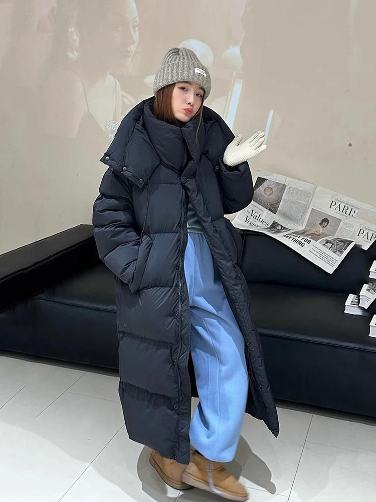 Chaqueta larga gruesa con capucha para mujer, chaquetas hasta la rodilla con plumón de pato blanco, Parkas cálidas y sólidas para exteriores, prendas de vestir para invierno