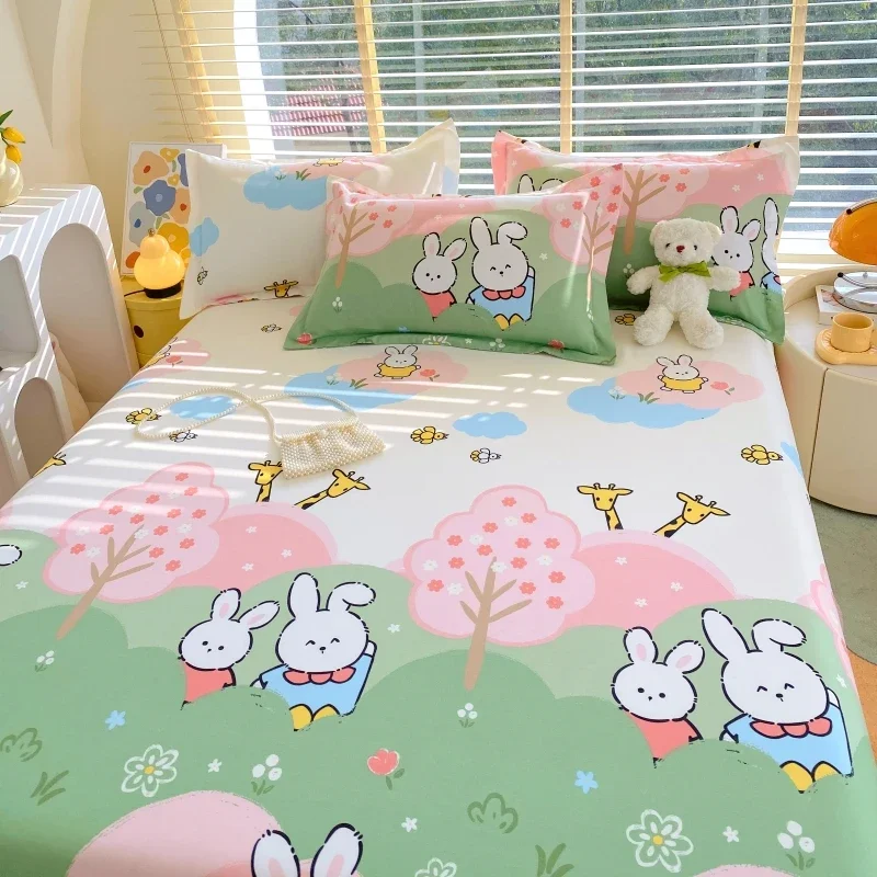 Lenzuolo piatto coniglio cartone animato Kawaii Bunny lenzuola botaniche animali dei cartoni animati lenzuola camera dei bambini copriletto pianta floreale carino