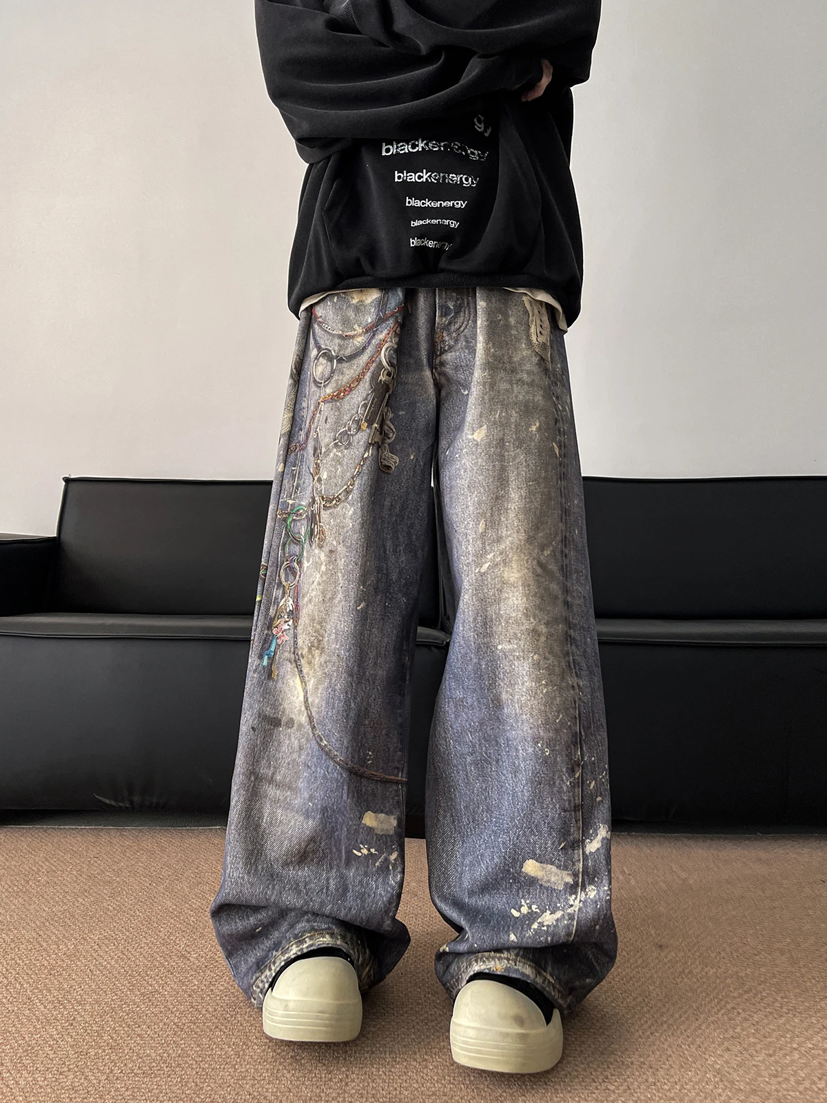 

Мужские джинсы с 3D-принтом в американском стиле, модные уличные широкие брюки свободного кроя с высокой талией, прямой крой