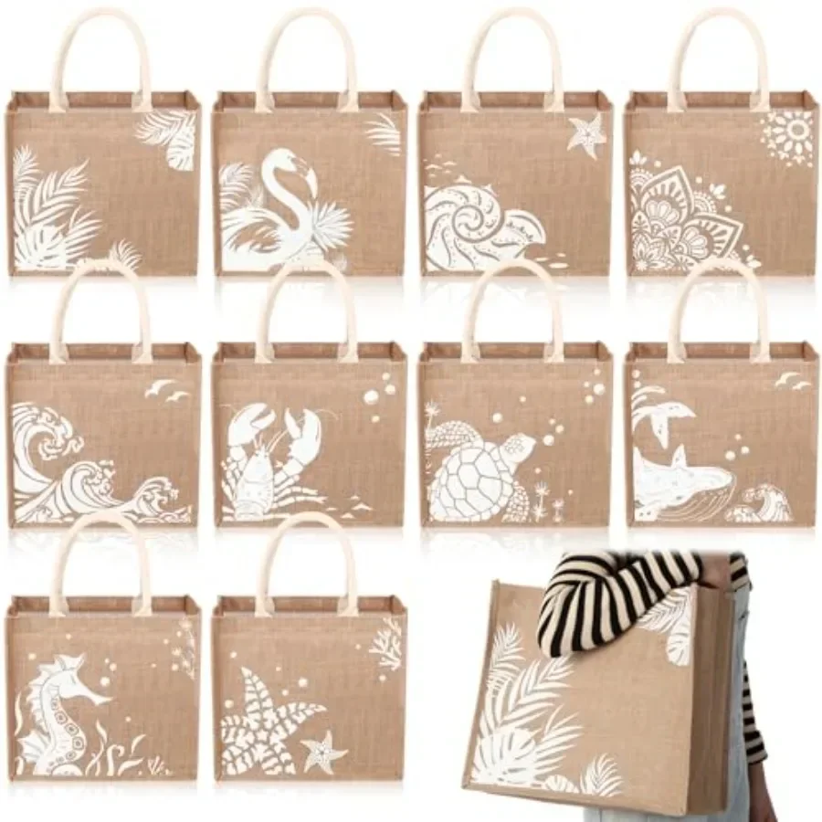 

10 Pack Beach Burlap Tote Bags Bulk Large Beach Jute Tote Bags with Handles 14.2"x 12.6"x 7.5" for DIY Wedding Gift
