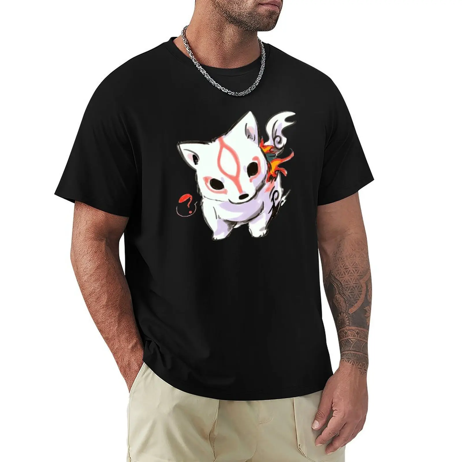 

Baby Okami questioning T-Shirt graphic t shirts plus size tops plus size clothes graphic shirts men clothes