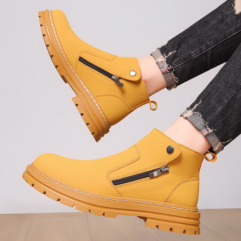 Classic Fashionable Mid Top Thick Soled Men Boots Autumn  Winter Double Zipper Warm Outdoor Anti Slip Motorcycle Boots（38-50）