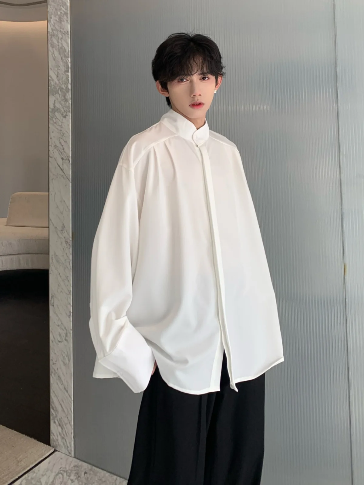 

oulder Padded Men's irt American Sle arp Collar Long Sve Loose Fit Youthful Trend Autumn New Chinese M Outerwear