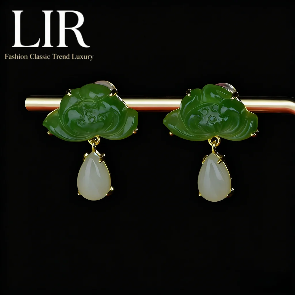 

S925 Silver Earrings for Women: Natural Hetian Jade "Lotus Luck" | Feng Shui Lucky + Fine Inlay + Jewelry Cert