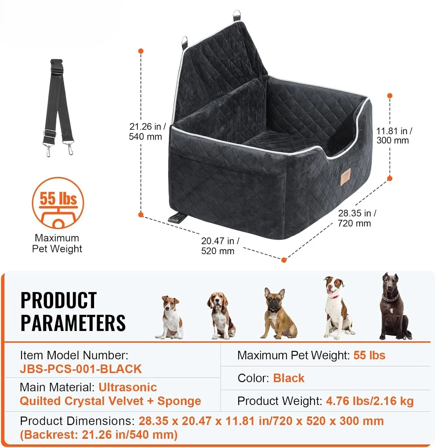 Dog Car Seat, Dog Booster Seat for Car with A Storage Pocket, Pet Car Seat with Clip-On Safety Leash, Sponge Filling