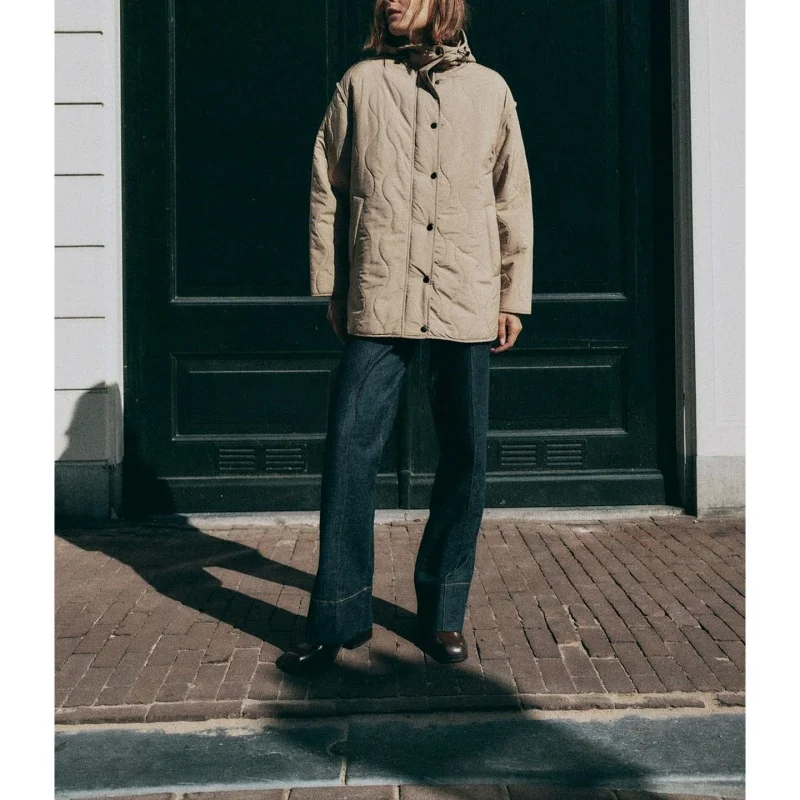 새로운 가을 여성용 코튼 재킷 후드 긴 소매 스탠드 칼라 포켓 장식 방수 폴리에스터 섬유 캐주얼 루즈 핏