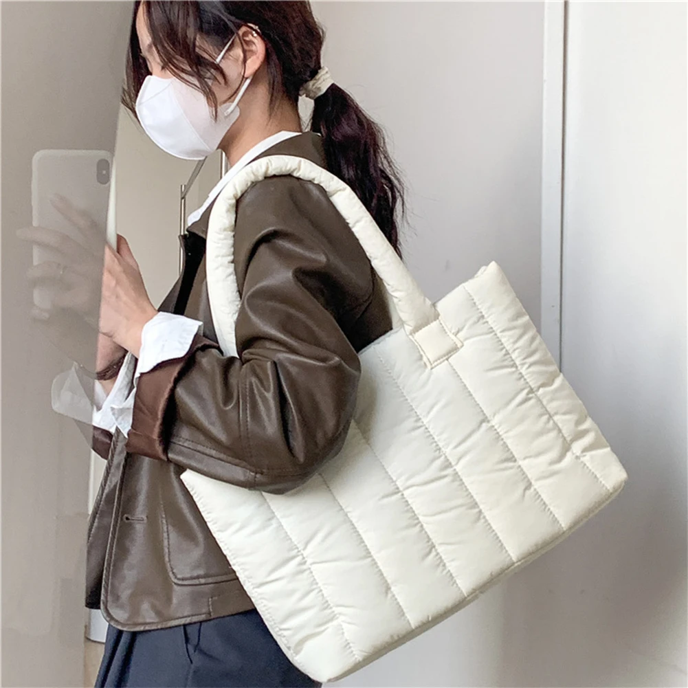 Women Space Cotton Soft Handbag Vertical Striation Fashion Square Casual Tote Bag Female Puffy Shopping Bags New Top-Handle Bags