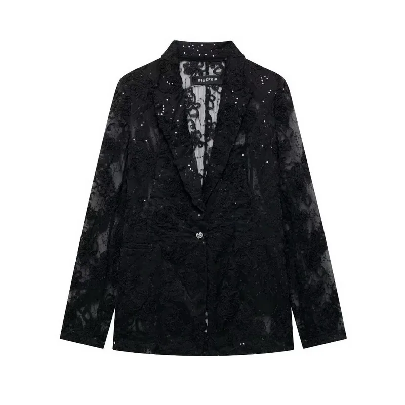 Sequin Elegant Blazer Woman 2024 Autumn Jacket Long Sleeve Translucent Sexy Blazers for Women Casual Loose New Outerwear