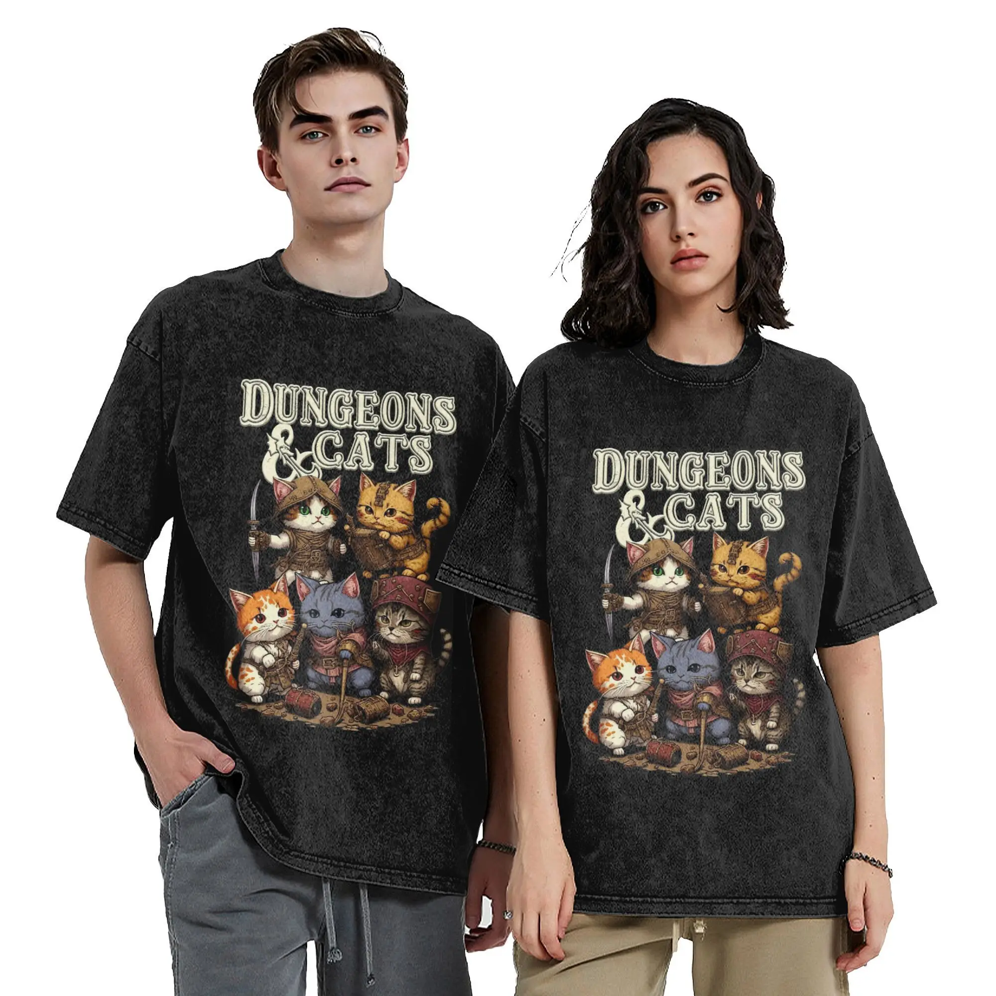 Novelty Dungeon and Cats  Vintage Washed T-Shirt Men's O-neck Short Sleeve Clothing Dungeon And Dragon Cotton Summer Top Tee