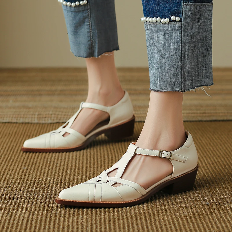 2024 Summer Women Shoes Pointed Toe Chunky Heel Shoes for Women Med-Heel Women Sandals Giadiator