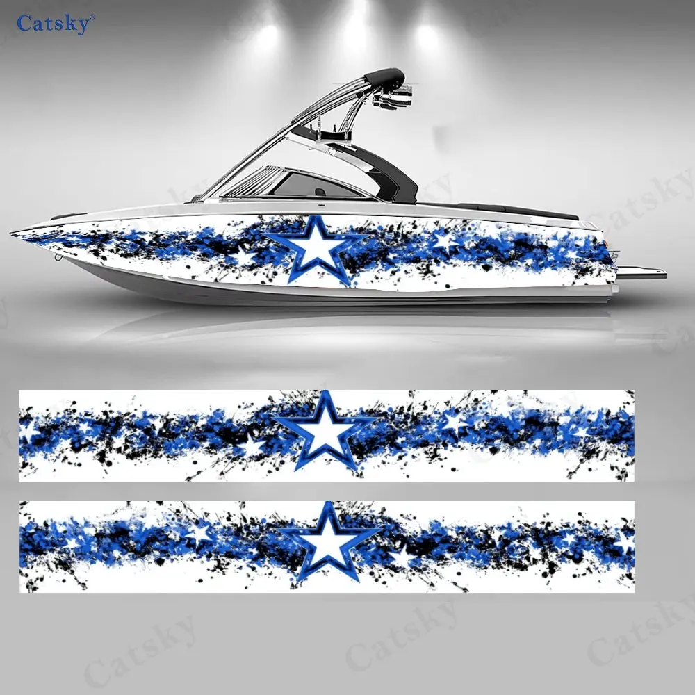

2Pcs Bold Blue & White Star Boat Wrap, PVC Waterproof Durable Vinyl Wrap Decals for Fishing Boats, Durable and Stylish Design