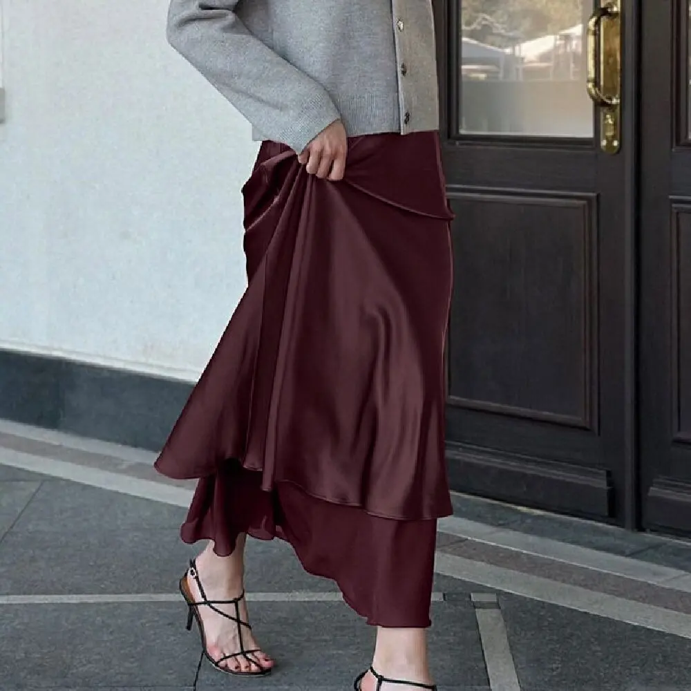 

Woman 2025 Satin Skirt Women High Waist Long Skirts For Women Summer Double Layer Maxi Skirt Woman Office Elegant Women's Skirts