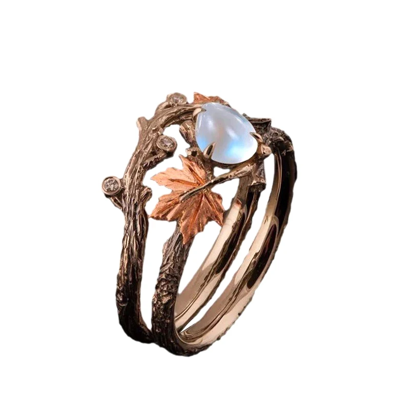 Vintage Antique Gold Twig Maple Leaf Moonstone Ring For Women Girls Light Luxury Ring Jewelry Accessories Anniversary Gifts