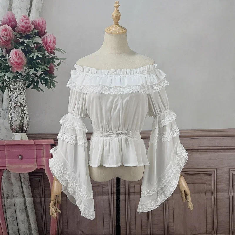 Vintage Kawaii Lolita Shirts Women Lace Ruffles O-Neck Flare Sleeve Chiffon Sweet Top Elegant Princess Blouse Tops Mujer