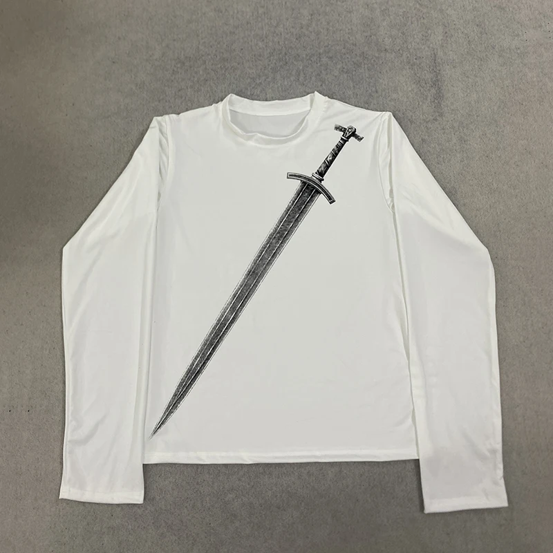 Autumn And Winter New Ins Style Personalized Long Sword Print Pattern Long Sleeved T-shirt Women's Pullover Retro Top Base Shirt
