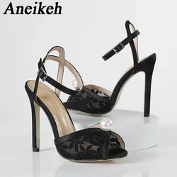 Aneikeh Summer Sexy Lace Mesh Pearls Peep Toe Women Gladiator Sandals Fashion Ankle Strap High Heel Ladies Party Dress Shoes