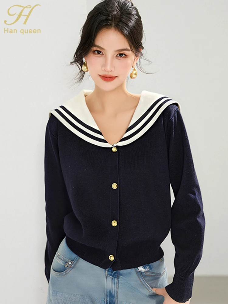 

H Han Queen 2025 Autumn Cardigan For Women Loose Vintage Casual Sweaters Woman Long Sleeve Tops Korean Colorblocking Knitwear