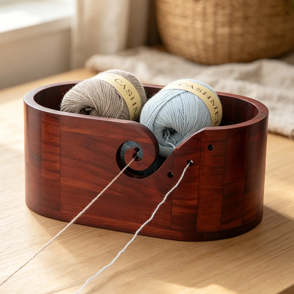 QJH Handcrafted Wooden Yarn Bowl with Holes - Ideal Multifunctional for Knitting & Crochet Home Craft Storage Tool, Perfect Gift