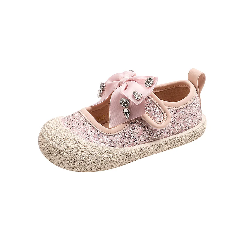 Brand Princess Shoes Girl With Rhinestones Bowtie-knot,Bling Soft Sole School Shoes Girl 2024 Shallow Children's Flats Walkers