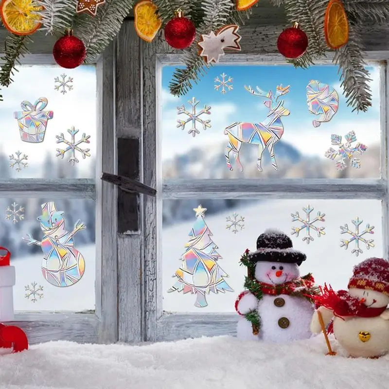 Christmas Snowflake Sun Catcher Wall Stickers Electrostatic Window Glass PVC Decals  xmas Tree Snowman Suncatcher Rainbow Prism