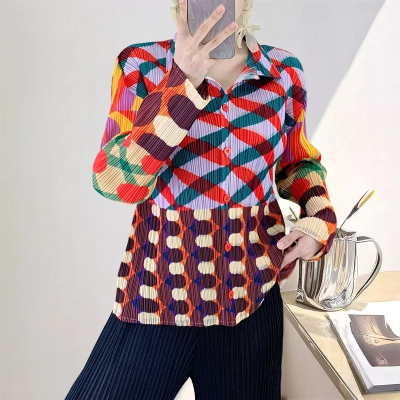 

Miyake Spring and Fall New Women's Shirt Loose High Elastic Korean Dopamine Shirt Casual Printed Cardigan Blouse Women Jacket