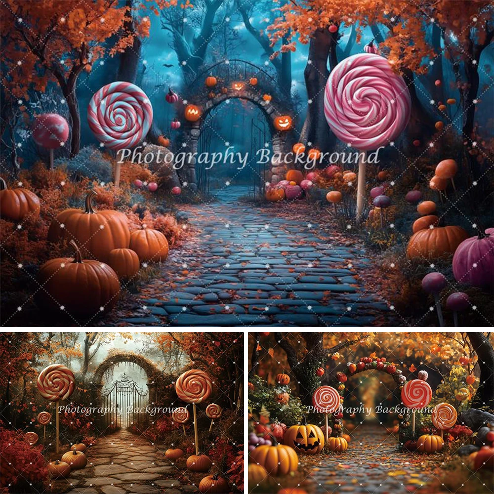 

Halloween Lollipop Photography Backdrop Scary Forest Pumpkin Decor Trick or Treat Kids Portrait Photo Background Photo Studio