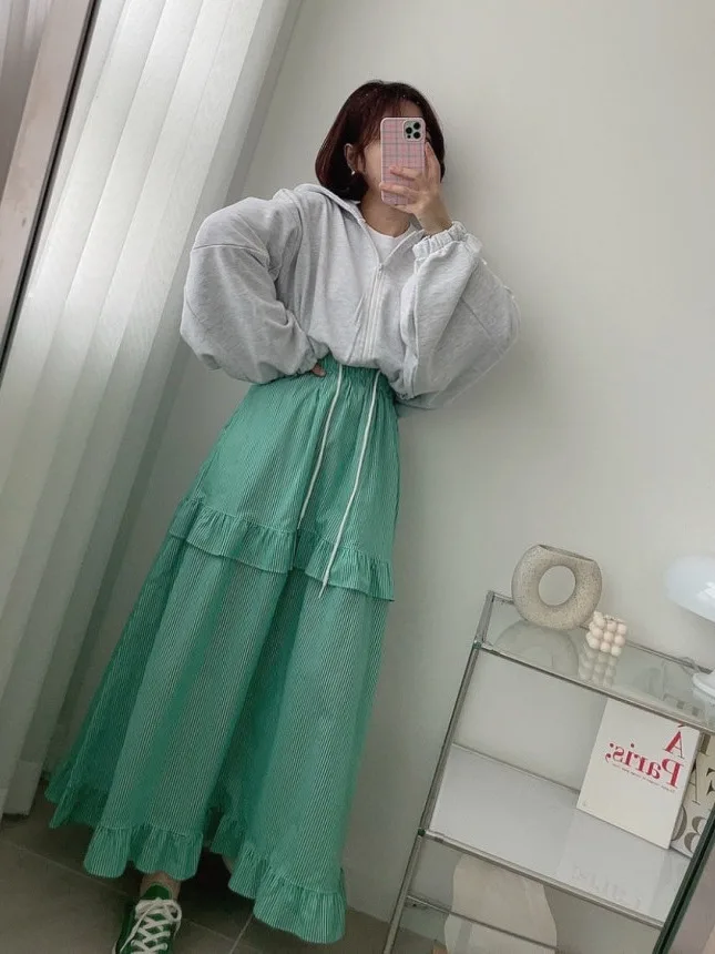 블루 스트라이프 하프 길이 A 라인 우산 스커트 여성 유행 젊은 다목적 레이스 접합 디자인 하이 웨이스트 스커트