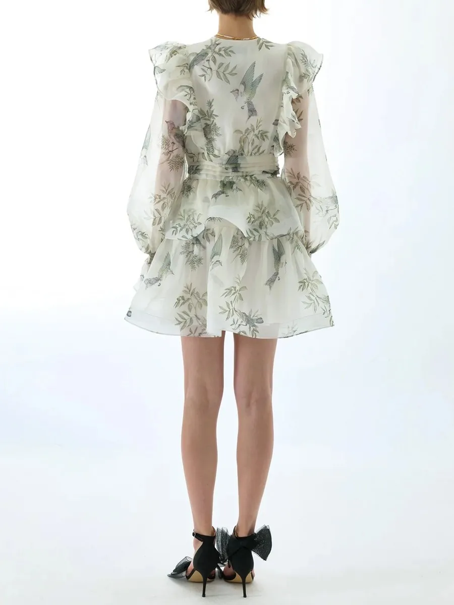 투트윈스타일 우아한 프린팅 시스루 러플 드레스 여성용 V넥 긴팔 하이웨이스트 기품있는 드레스