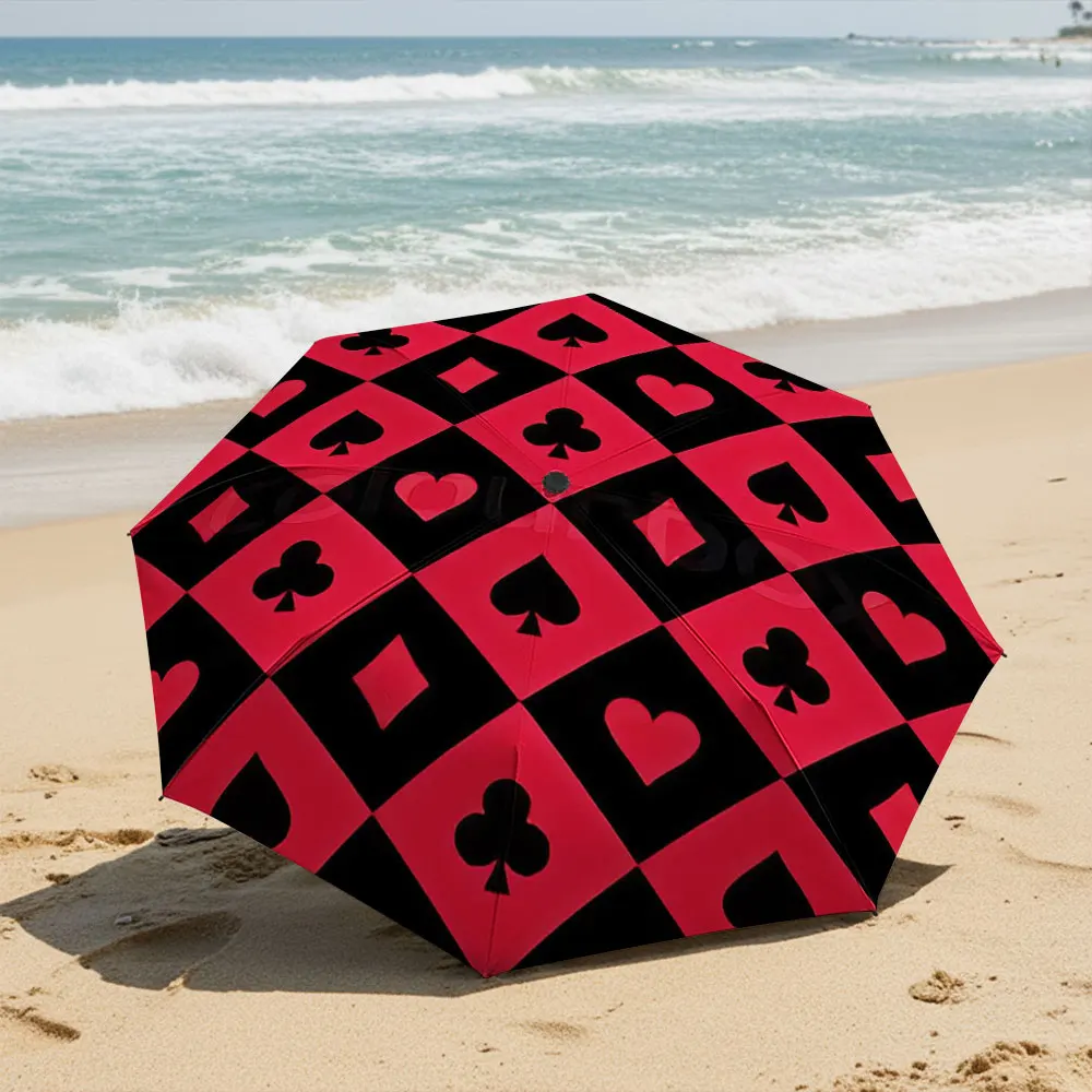 Playing Card Suit Pattern Red and Black Umbrella Compact Fashion Folding Umbrella for Daily Use, Christmas Gift
