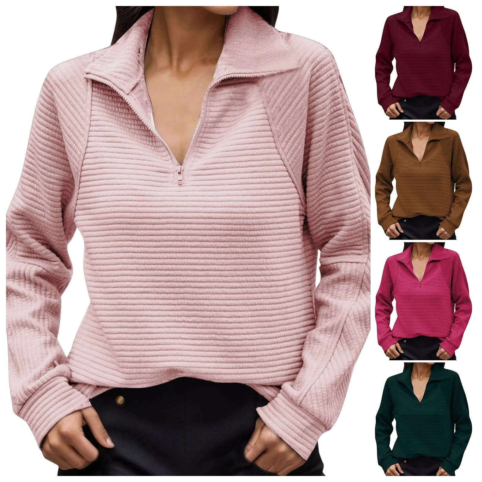 

2024 New Autumn and Winter Fashion Knitwear Zippered Sports Women's Casual Long Sleeved Solid V-neck Loose Pullover Sweater