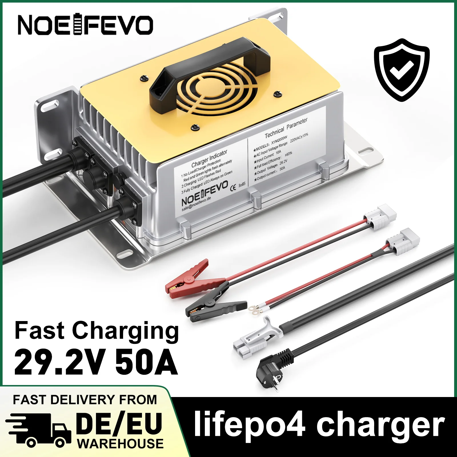 Ładowarka Noeifevo 29.2V 50A 30A LiFePO4 do akumulatorów litowo-żelazowo-fosforanowych 24V 25.6V, aktywacja BMS 0V, wodoodporna