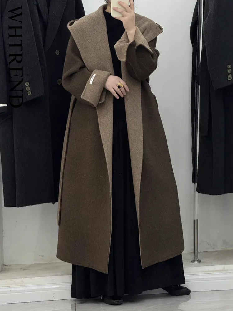 

WHTREND Loose Double-Sided Color Block Belt Large Hooded Wool Coat For Women Handmade Long Thickened Luxury Woolen Coats WH1330