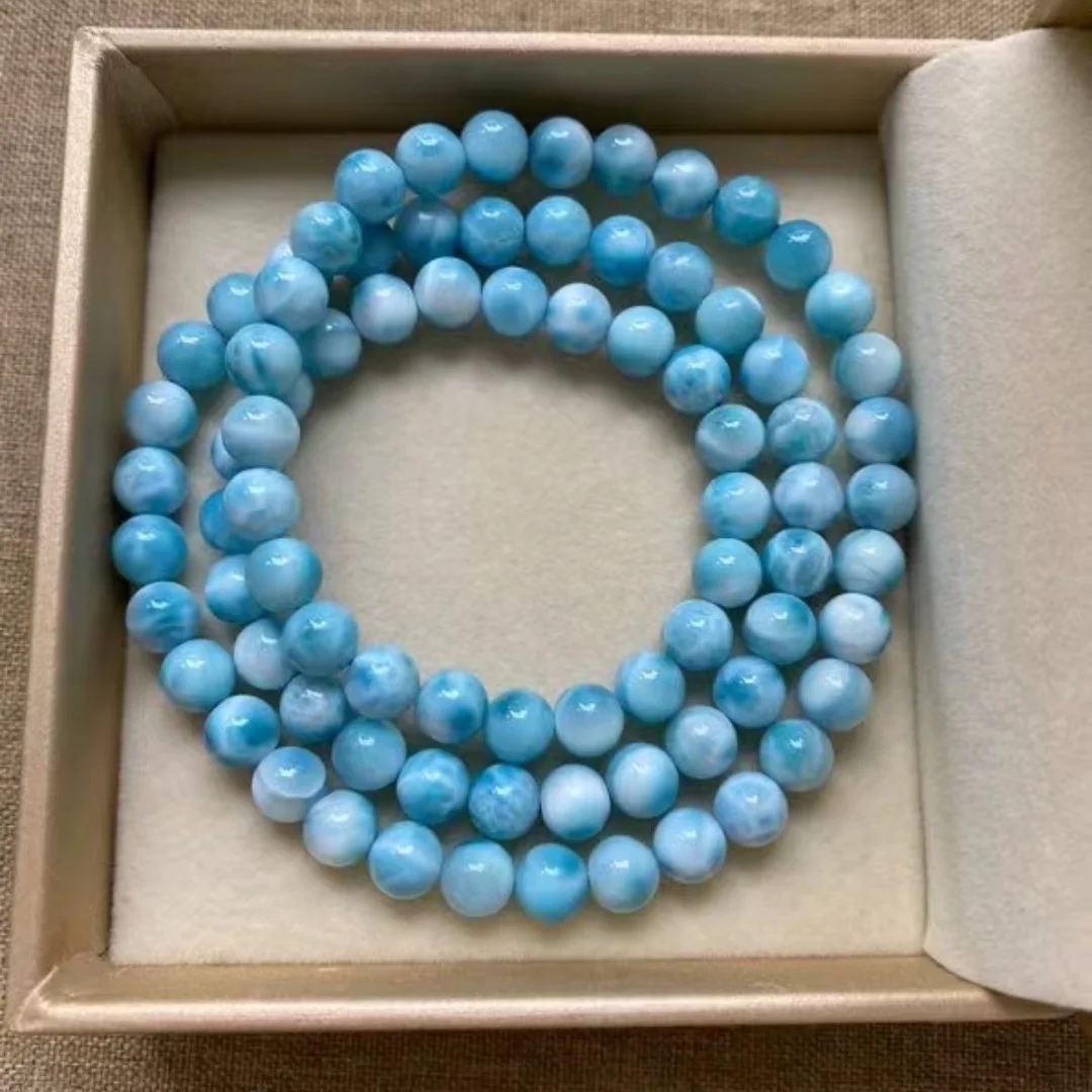 Natural Blue Larimar 3 Laps Round Beads Bracelet 6.9mm Jewelry Women Men Pattern Big Size Round Beads Larimar Jewelry AAAAAA