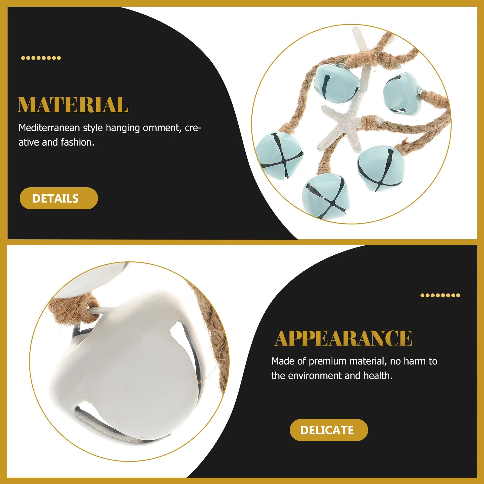 

2Pcs Mediterranean Style Hanging Ornament Sea Star Bells White Sky-Blue Vintage Marine Ornament Hemp Rope Decor